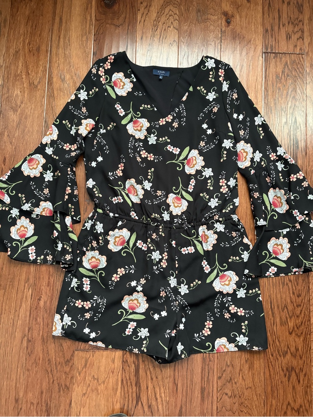 Kaari Blue Black Floral Bell-Sleeve Romper